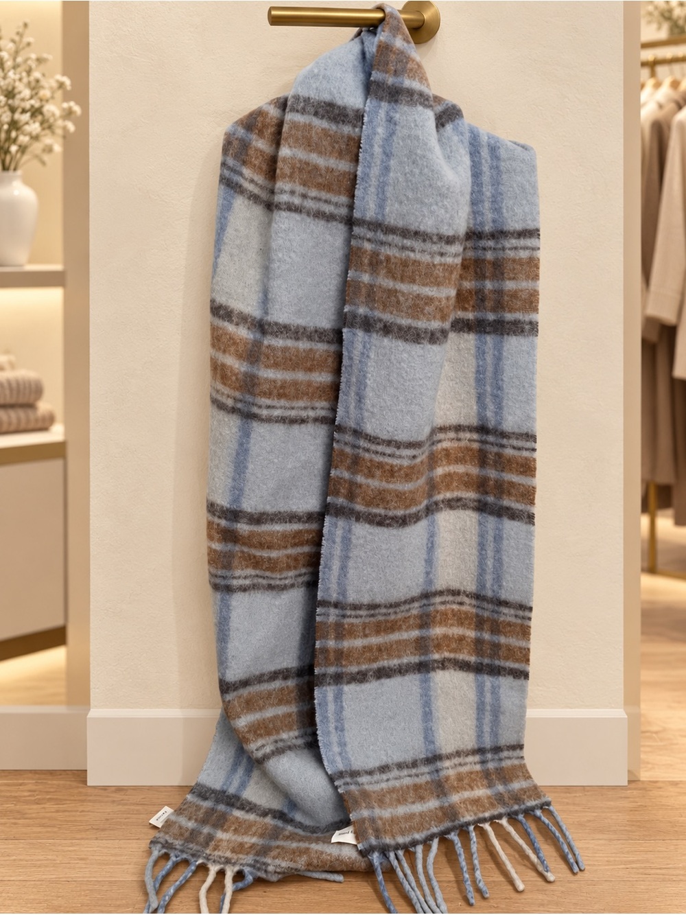 Aritzia Wilfred Blue and Brown Plaid Soft Fringe Wool Scarf